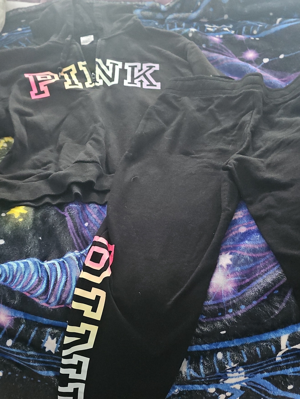PINK Victoria's Secret Black Sweatshirt and Leggings Set with Rainbow Ombre Logo